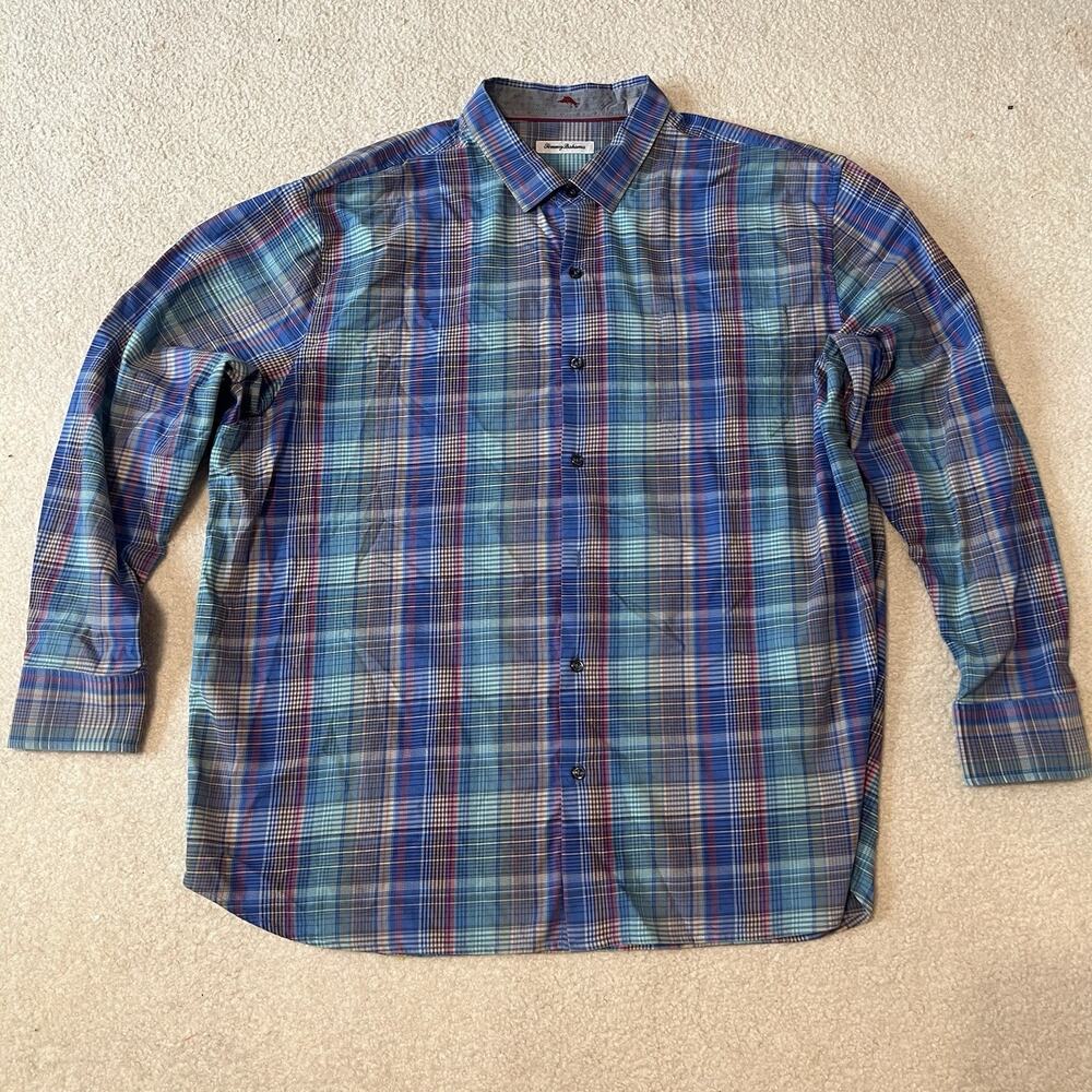 Tommy Bahama Shirt Plaid Flannel Blue Red XXXL Button Up Mens Long Sleeve Casual